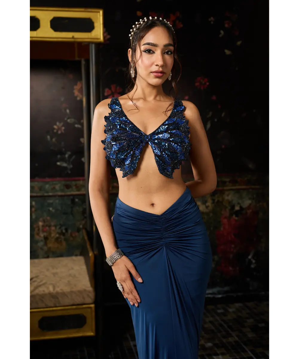 DIYARAJVVIR - TEAL BLUE CUTWORK BLOUSE WITH DRAPED SKIRT SET